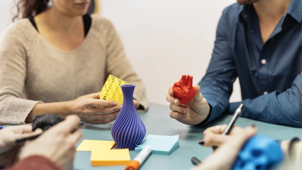 Équipe en séance de brainstorming autour de prototypes imprimés en 3D