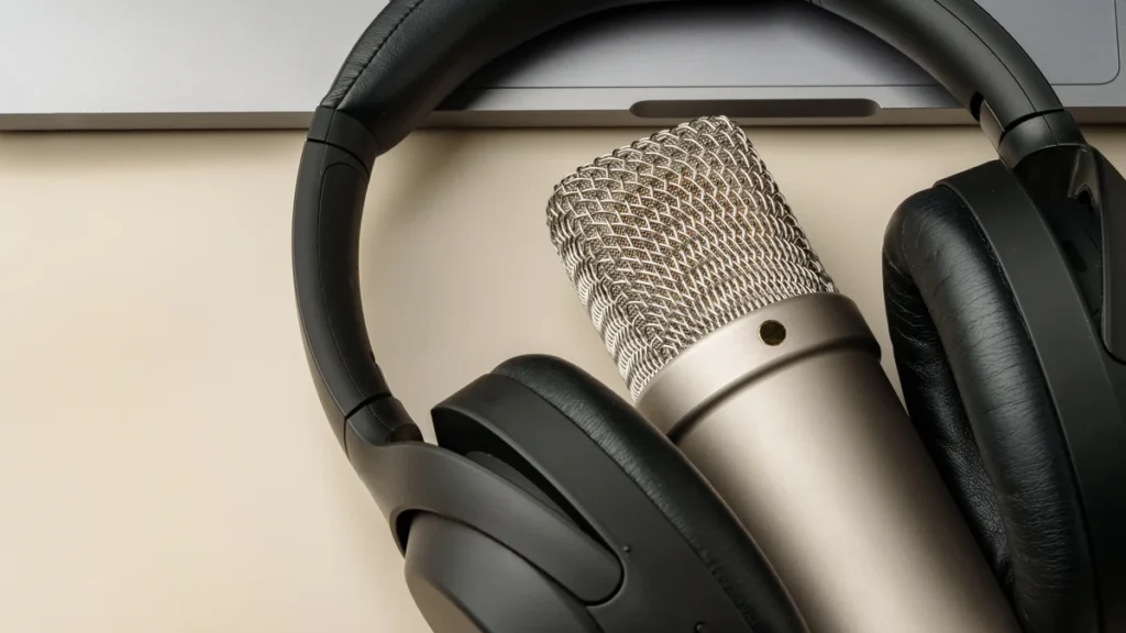 Microphone à condensateur argenté et casque audio posés devant un ordinateur portable, matériel d’enregistrement ASMR