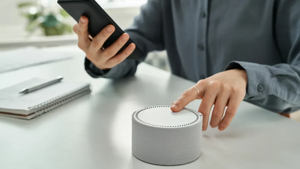Femme utilisant son smartphone et une enceinte connectée sur un bureau, pour piloter l’assistant vocal Ok Google