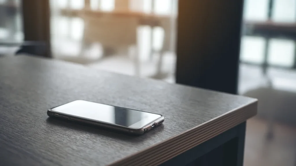 Smartphone posé sur une table de bureau, pour illustrer le téléphone Tesla