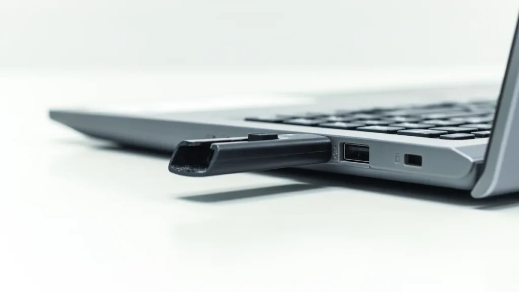 Clé USB branchée sur un ordinateur portable, prête à recevoir l’image ISO de Windows 10